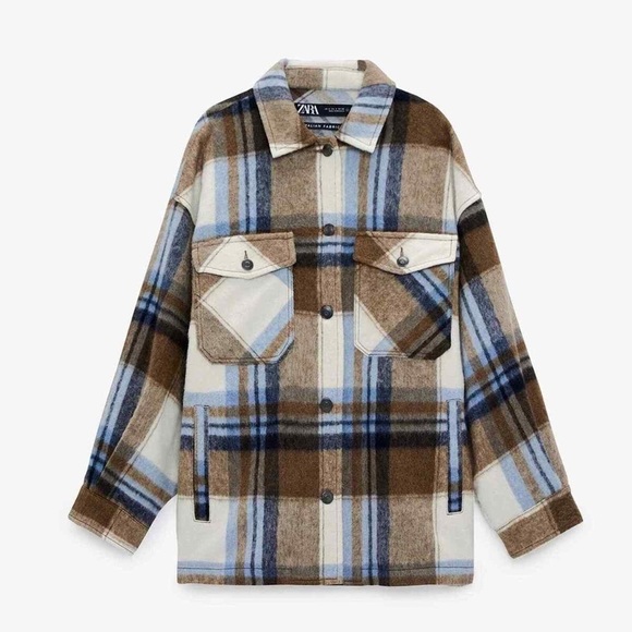 Zara Tops - Zara Brown and Blue Plaid Button Down Jacket